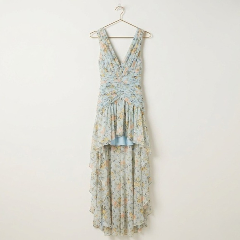 $398 Mac Duggal Size 4 Light Blue Floral Ruched Cap Sleeve High‎ Low Gown Dress - Picture 5 of 5